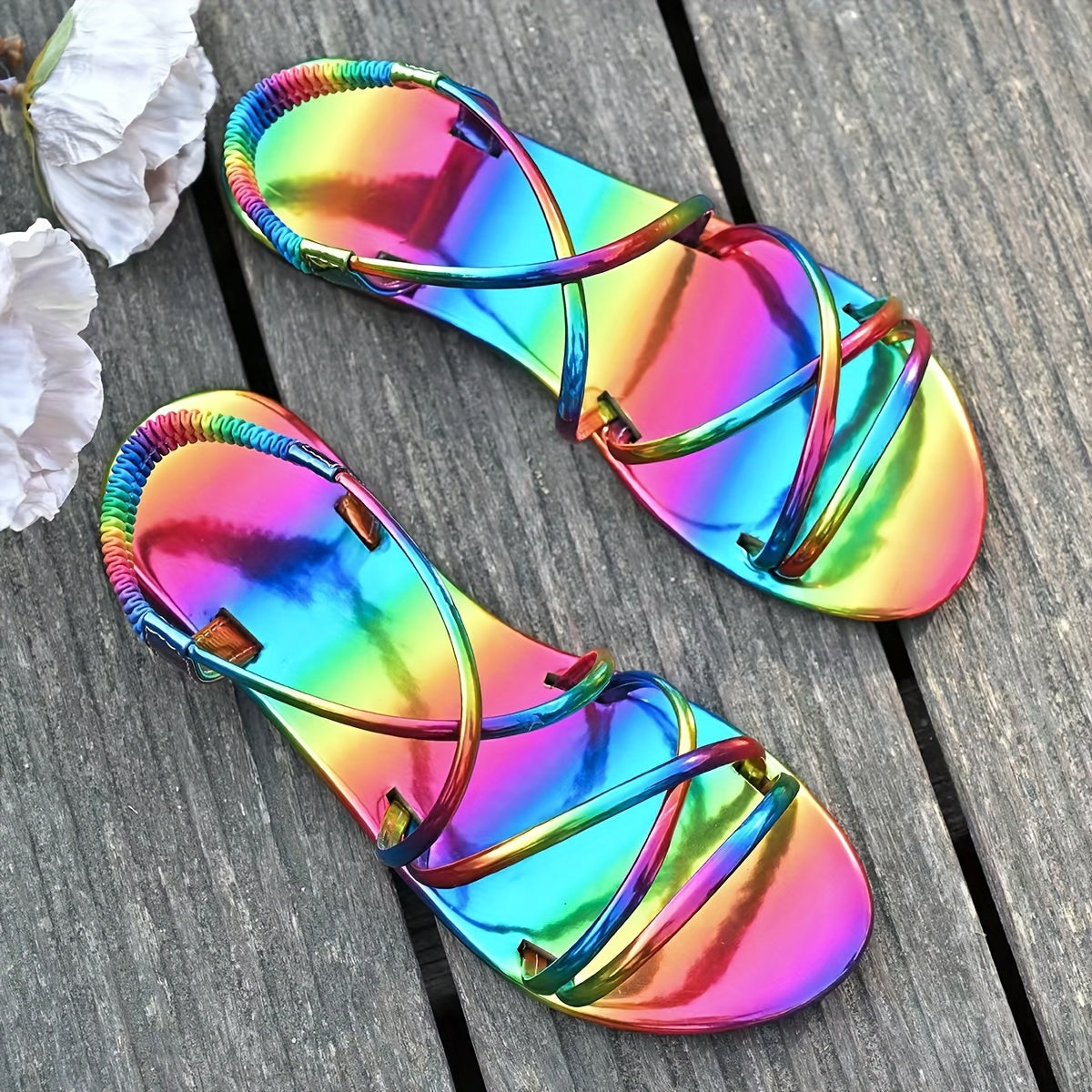 Women'S Rainbow Color Flat Sandals - Stylish Slip-On Open-Toe Summer Shoes with Synthetic Cover & TPR Sole, Vibrant All-Season Comfort for Casual Wear, Strappy Sandals
