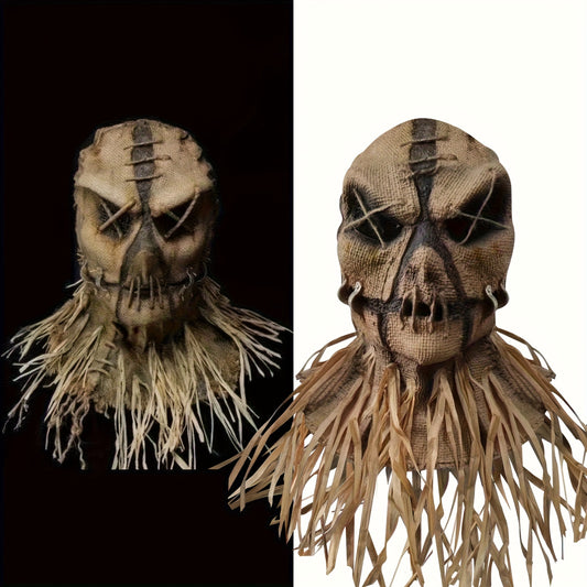 Halloween Horror Skeleton Mask - Brown Burlap-Style Headgear with Glowing Red Eyes & Sharp Teeth for Costume Parties, Bar Decor, Stage Performances & Photo Props, Halloween Costumes, Costume Accessory, Fluffy Headgear