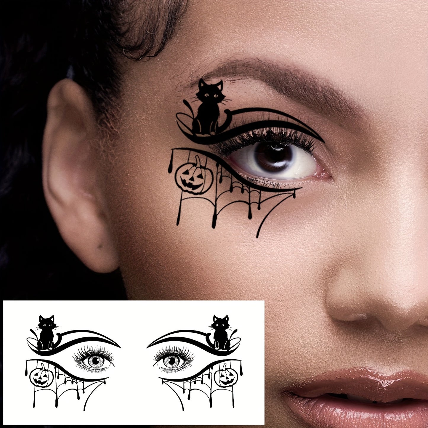 10-Pack Halloween Eye Tattoo Stickers, Skull Pumpkin Cat Bat Spider Web Designs, Festive Party Funny Face Makeup Temporary Tattoo Stickers, Oblong Shape
