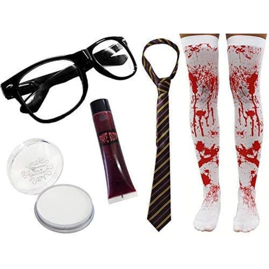 Ladies Halloween Zombie Schoolgirl Costume - Green & Grey Tie - Glasses, Striped Tie, Bloody Stockings, Fake Blood And Face Paint - Adults Horror Geek Scary Nerd Halloween Fancy Dress Set