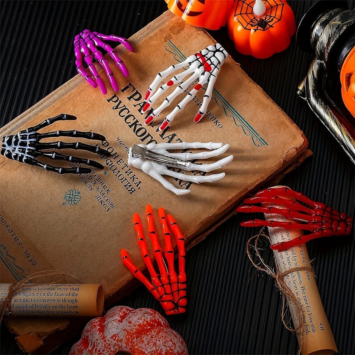 8pcs Skull Hair Clips - Colorful Skeleton Claw Clips, Punk Rock Horror Style Hair Accessories, Halloween Party Gift, Fun Hairstyle Add-Ons