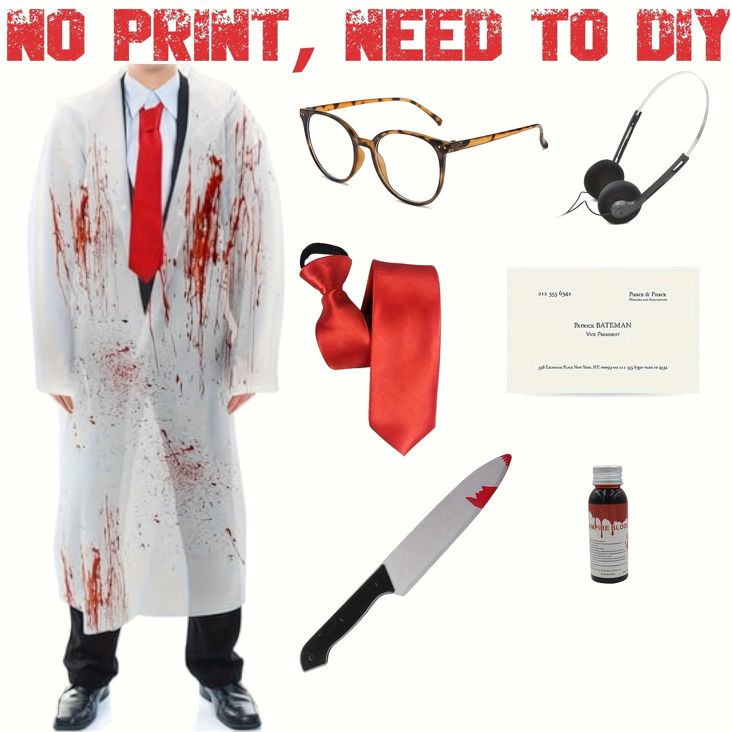 7pcs Halloween Zombie Costume Set, Raincoat with No Print, Requires DIY, Includes Halloween Props Knife, Red Tie, Suitable for Cosplay Role Play Party
