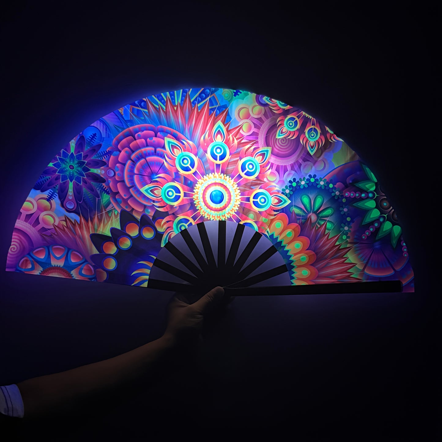 Large Fluorescent Kung Fu Folding Fan - Vibrant Multicolor Feather Design, Foldable Battery-Free Fan for EDM Festivals, Drag Queen Performances, Parties & Events