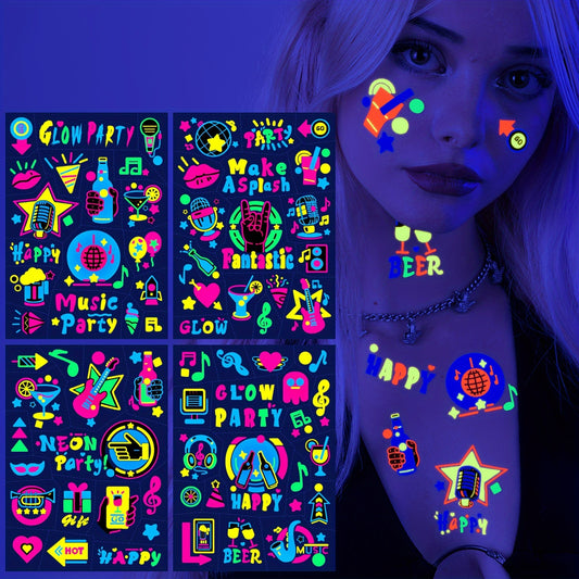 120pcs Glow in the Dark Neon Temporary Tattoos - Waterproof Fluorescence, Rock & Roll Disco Party Supplies for Women, Men, and Adults - Vibrant Fluorescent Tattoo Stickers for Makeup and Rave Events, Party Makeup | Vibrant Ta