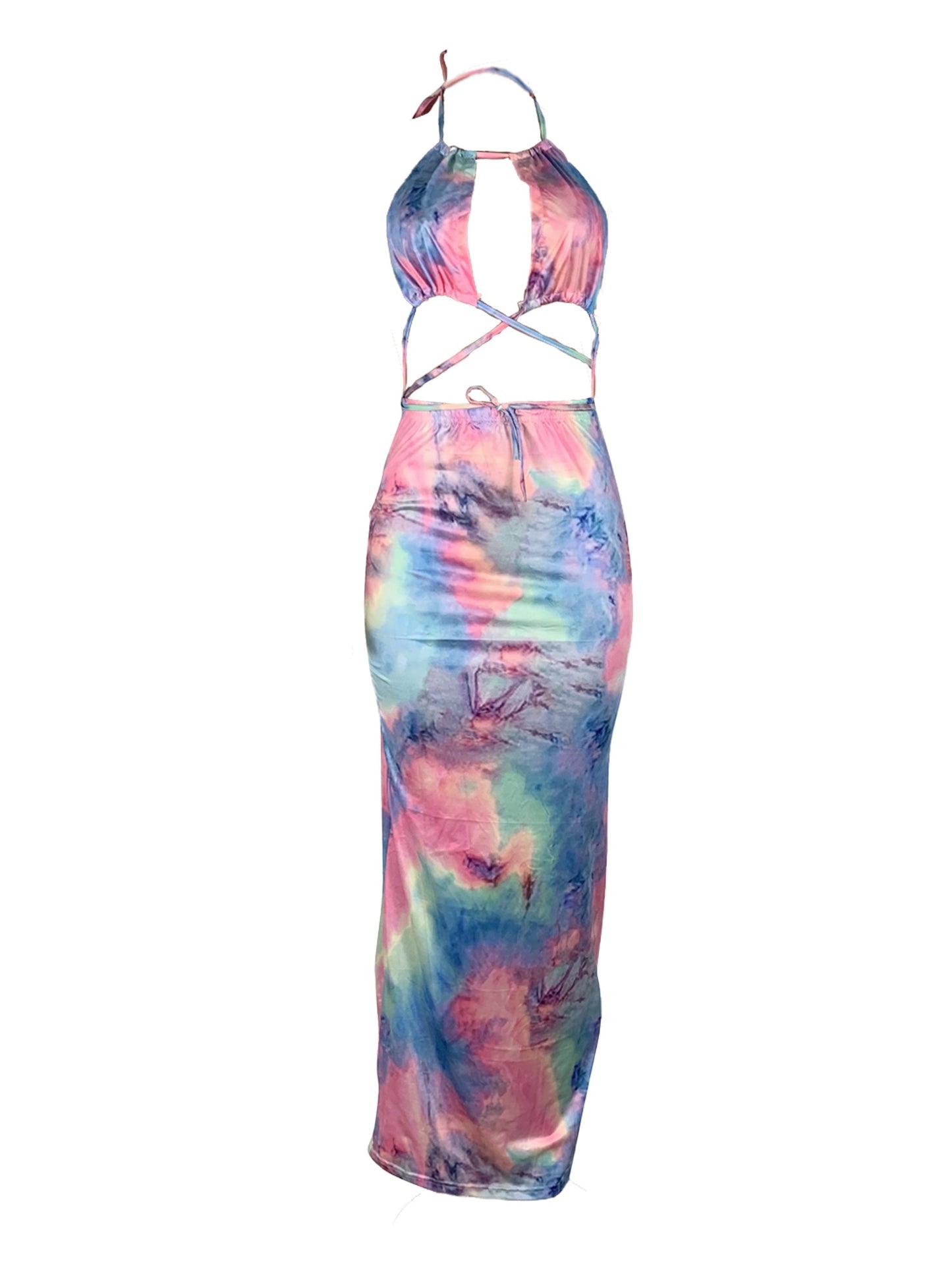 Women's Sexy Elegant Tie-Dye Print Halter Neck Bodycon Dress with Slit Detail - Long Sleeveless Machine Washable All-Season Party & Casual Outfit, Versatile Fashion, Sleek Fit Fabric, Sophisticated Craftsmanship