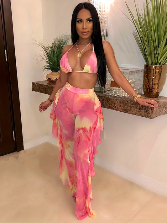 Sexy Tie Dye Matching Two-piece Set, Crop Halter Top & Fringe Hem Pants Outfits, Women's Clothing