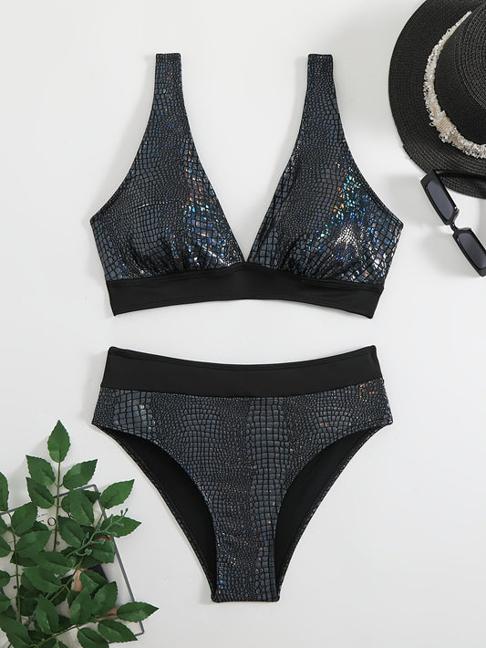 Chic Women'S Snakeskin Print Bikini Set - High Stretch, V-Neck, Stretchy Polyester/Spandex Blend, Machine Washable - Ideal for Music Festivals & Beach Parties, Beach Attire|Vibrant Print Top|Snakeskin Patter