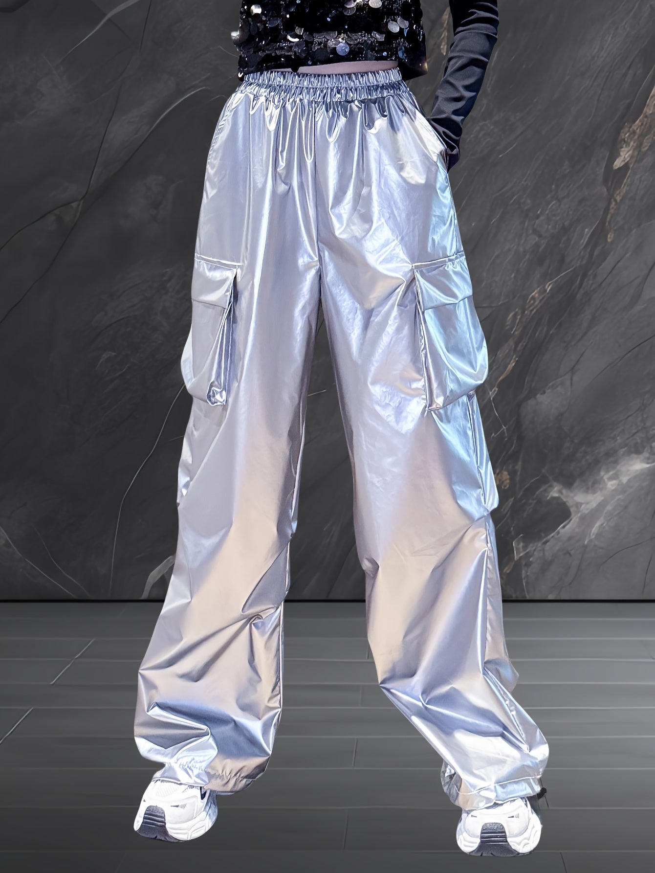 Reflective Hip-Hop Jazz Women'S Wide-Leg Pants - Elastic Waist, Silvery Texture, Loose Fit with Pockets, Machine Washable, Perfect for Streetwear & Casual Style, Spring Autumn Trousers, Street Style Pants | Loose Fit Pants |