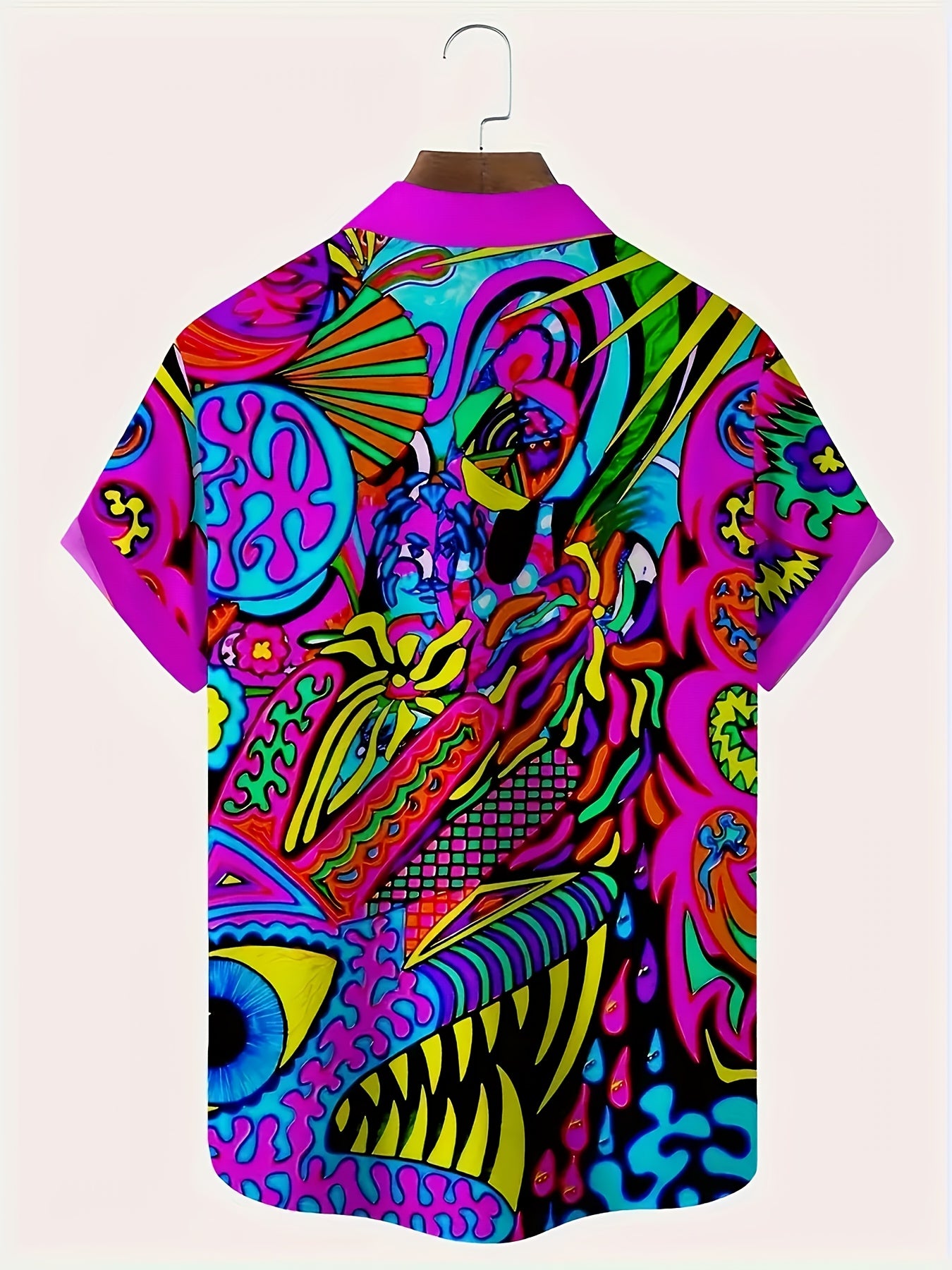 Men's Vintage Neon Abstract Shirt - Bold 3D Digital Print Button-Up Collar - Lightweight Polyester Formal & Casual Summer Shirt - Machine Washable Everyday & Evening Outfits, Smooth Texture Fabric