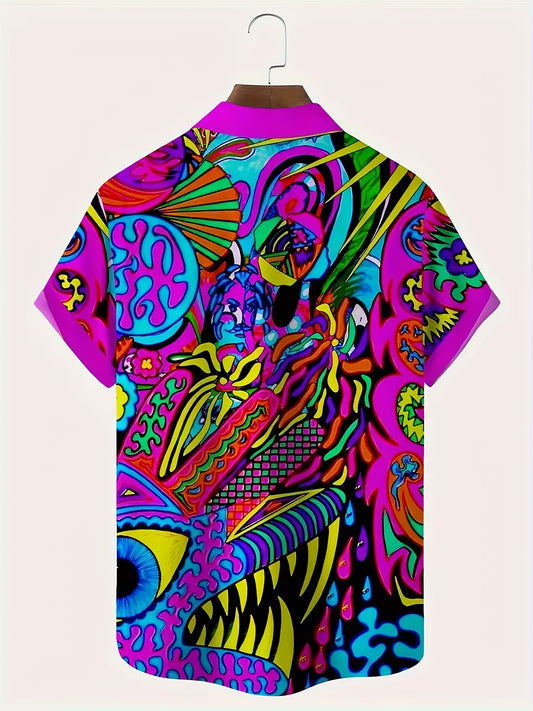 Men's Vintage Neon Abstract Shirt - Bold 3D Digital Print Button-Up Collar - Lightweight Polyester Formal & Casual Summer Shirt - Machine Washable Everyday & Evening Outfits, Smooth Texture Fabric