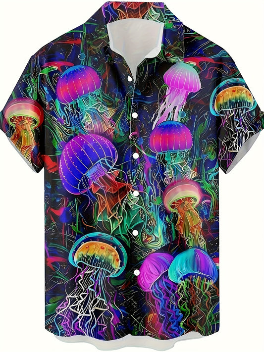Men's Hawaiian Shirt - Bold Neon Glow Party Beach Shirt, Loose Fit Button-Up Summer Shirt with Non-Transparent Fabric for Nightclub, Casual Outings - Machine Washable, Nightclub Attire, Vibrant Print Quality