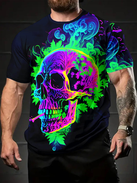 Men's Fluorescent Skull Print T-Shirt - Vibrant Summer Short Sleeve Tee, Casual & Comfortable Round Neck Graphic Tee for Casual Attire, Everyday Tshirt | Artistic Fashion Tee | Comfortable Fit, Tee Shirts