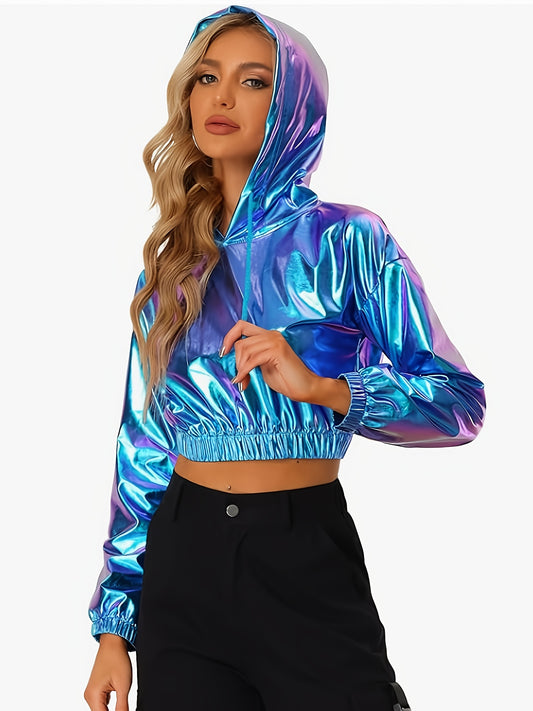 Women's Sexy Short-Length Hooded Sweatshirt - Long Sleeve Holographic Golden Metallic Pullover with Drawstring Hood, Stretchy Fabric for Gym Running Casual Wear, Spring/Autumn Fashion, Gym Hoodie, Seasonal Athletic Apparel, E