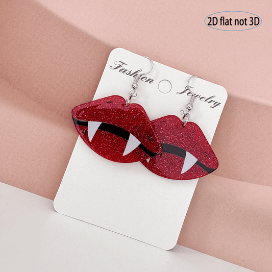 2D Flat, Pair of Red Lips & Fangs Glitter Earrings - 2D Flat Gothic Cute Jewelry with Sparkling Accents, Lightweight Dangle Earrings for Women, Perfect for Daily Wear & Halloween Party Accessories, Cute Earrings, Costume Jewe