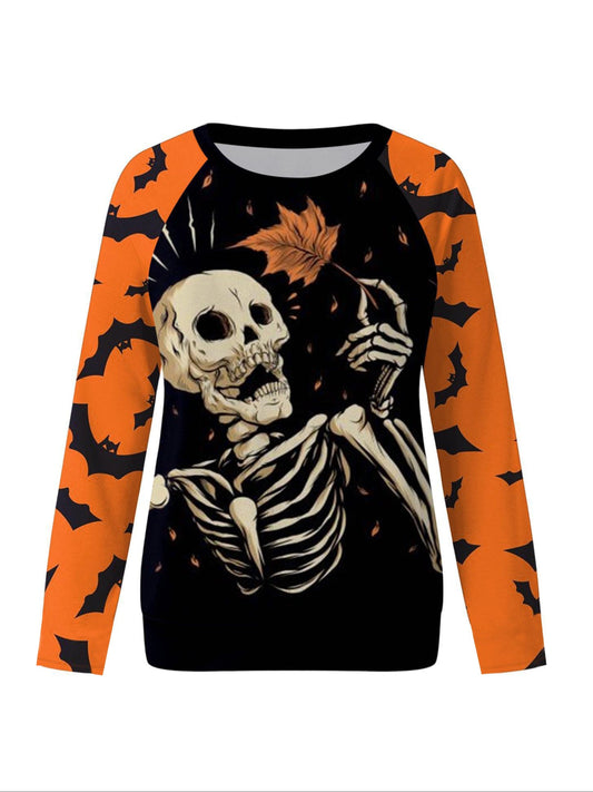 Plus Size Gothic Skeleton Print Sweatshirt - Casual Crew Neck Pullover with Slight Stretch, 100% Polyester Knit Fabric for Spring/Fall, Halloween Pattern Design Women's Top