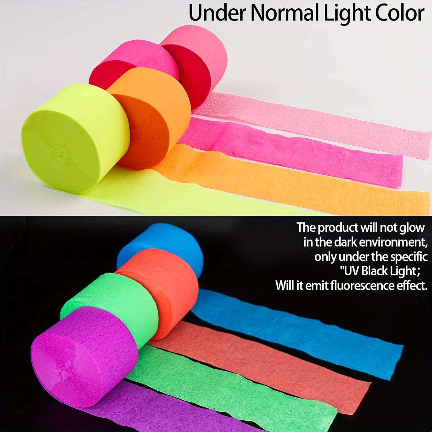Light-up crepe paper streamer, 8 rolls of luminous UV active fluorescent light party, requires purple light irradiation for luminescence, neon streamers suitable for wedding birthday black light party supplies decoration