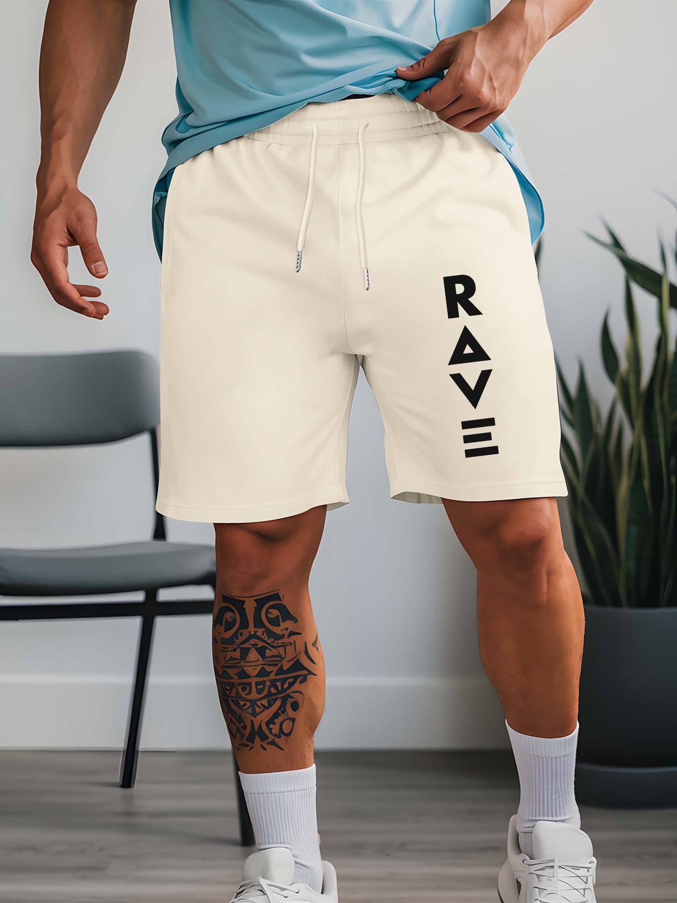 R V New Men's Summer Casual Shorts with RAVE Letter Print - Light Grey Regular Fit Outdoor Sports & Beach Vacation Shorts, American Fashion Trendy Lightweight Comfortable Design, Beach Vacation Apparel | Fashionable Casualwea