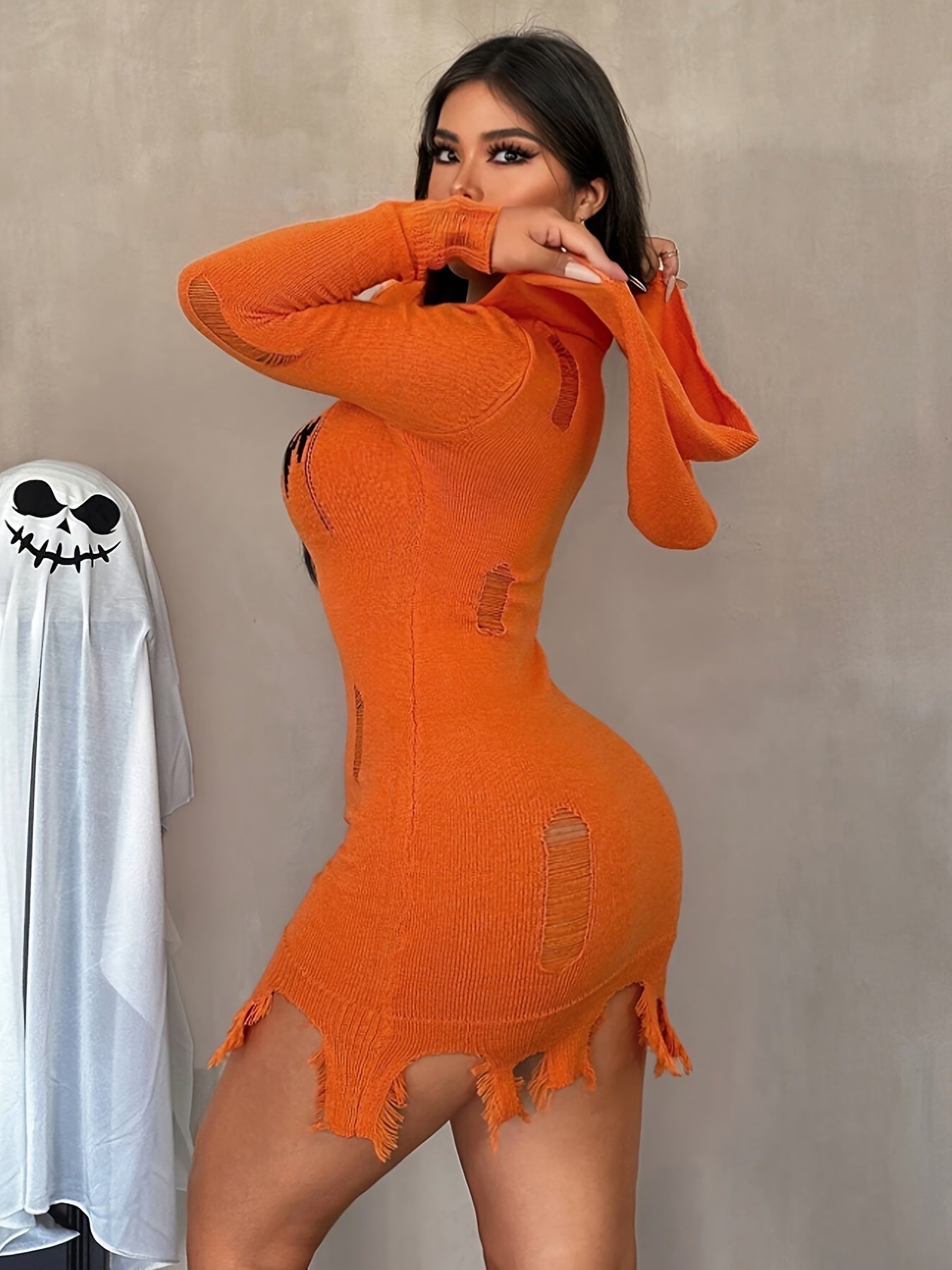 Women's Solid Color Hooded Halloween Dress - Distressed Pumpkin Face Design, Bodycon X-Silhouette, Machine Washable, Vibrant Orange for Halloween Parties & Casual Wear, Halloween Costumes, Festive Attire, Festive Design, Easy