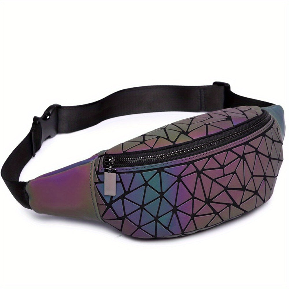 Holographic Belt Bag for Women & Men - Geometric Pattern, PVC Material, Zipper Closure, Unlined, White/Black/Blue/Gray, Perfect for Travel, Running, Sports & Festivals
