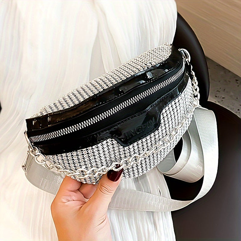 Shining Rhinestone Waist Bag, Bling-Bling belt bag for Women, Trendy Chain Decor Crossbody Chest Bag Bum Bag belt bag