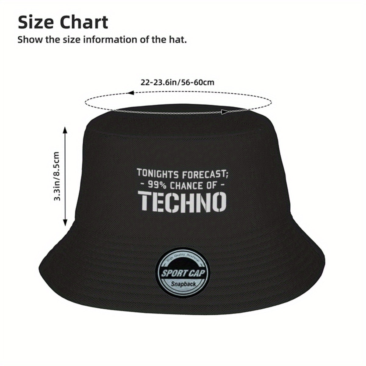 Men's Techno Music Bucket Hat - Tonight's Forecast Chance of Techno Print, Lightweight Breathable Sun Hat for raves, clubs, beach - Machine Washable Polyester Cap (Black/5 Colors Available) - Dad Hat Trucker Hat for Techno En