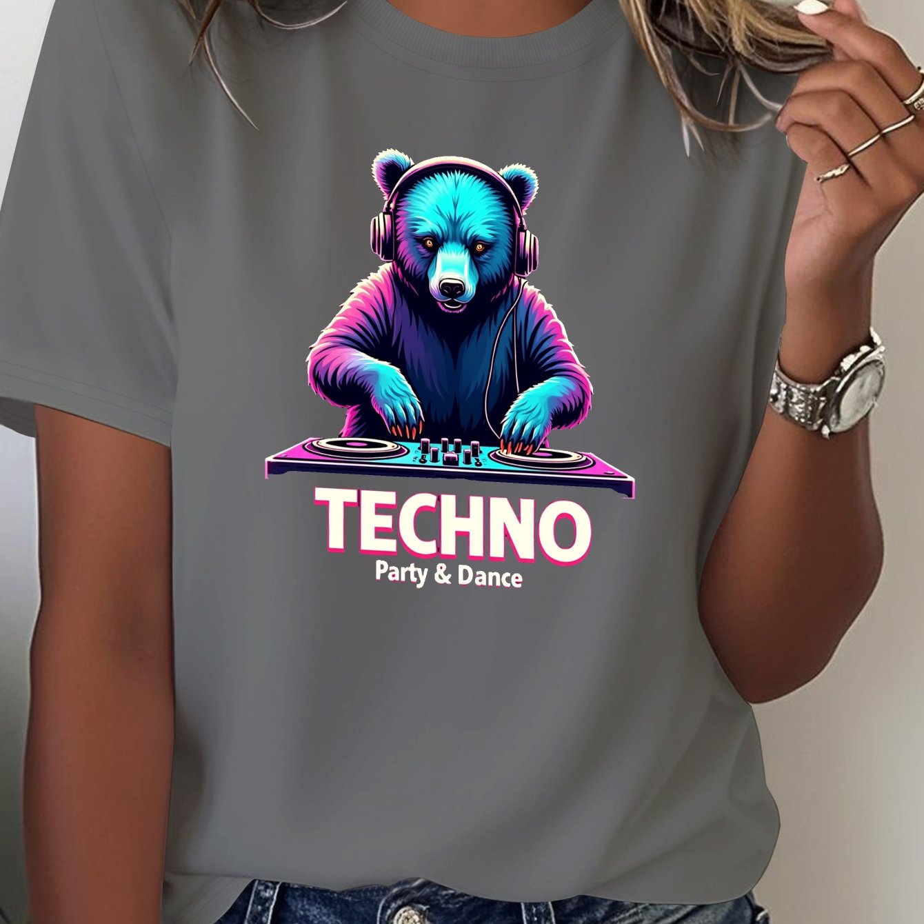Women's Techno Party Bear DJ Graphic T-Shirt - Dark Grey with Neon Accents - Soft Everyday Tee for Clubbing, Raves & Casual Outfits - Machine Washable Party Shirt, Disco Party Outfit, Rave Clothing, Vibrant Print, Comfortable
