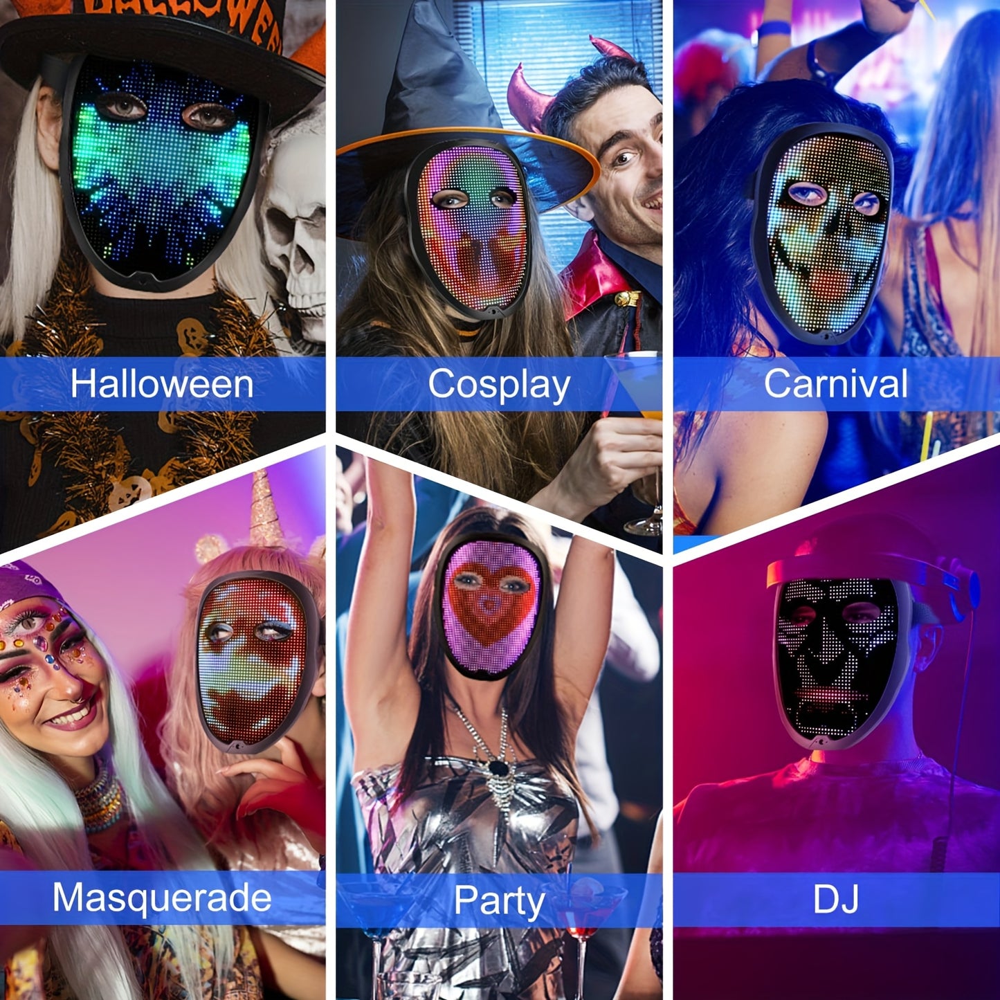 Programmable LED Halloween Mask with App Control - USB-Rechargeable Scary Glow Face Costume Party mask, Real-Time Lighting Effects for Adults, Perfect for Halloween, Christmas, Carnival - by SLSHINING
