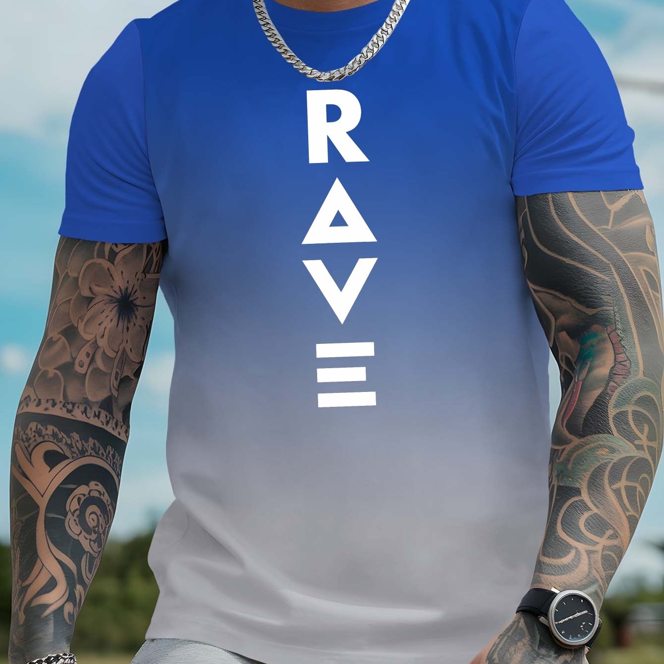 Men's Gradient Rave Graphic T-Shirt - Ice Silky Breathable, Quick-Dry, Round Neck, Short Sleeve, Casual Summer Tee in Vibrant Orange to Black Ombre Design