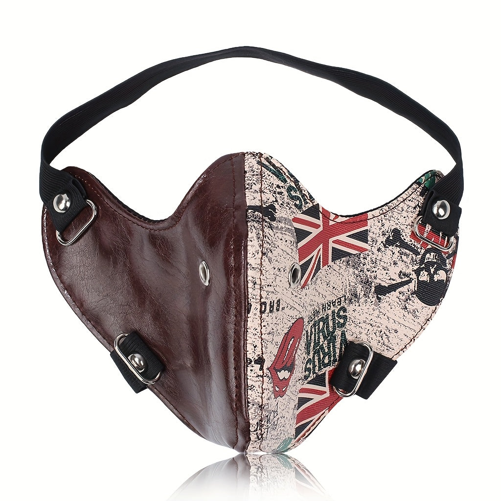 1pc Faux Leather Safety Pin Mask, Unisex Hollow-Out Novelty Face Covering for Halloween Party Costume, Funky Men's Fashion Accessory