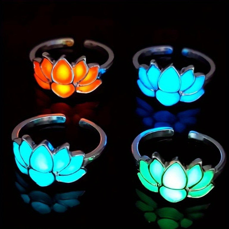 Glow-in-the-Dark for Lotus Flower Ring for Men & Women - Elegant Black & Blue Faux Design, Fashionable Accessory for Festivals, Festival Jewelry|Glamorous Accessory|Alloy Construction, for Lotus Flower Jewelry