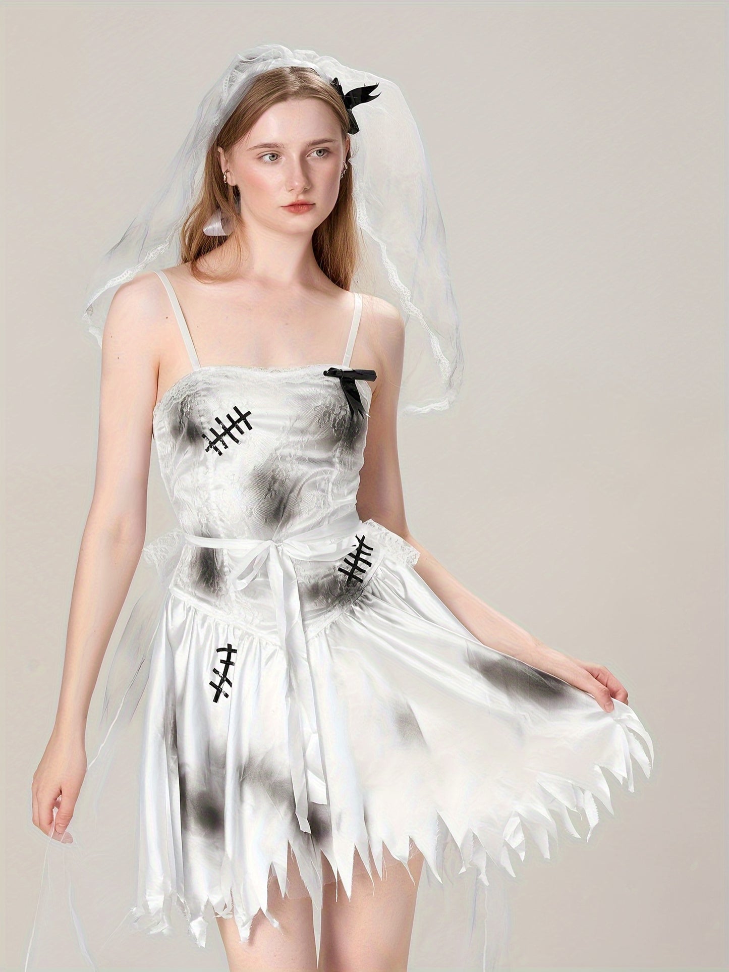 Women'S Corpse Bride Costume - Gothic Zombie Bride Dress with Headband, Off-the-Shoulder Wedding gown, for Halloween, Horror Parties, Themed Events - Spooky Bride Outfit, Halloween Attire, Eerie Fashion, Mesh Detailing, Cospl