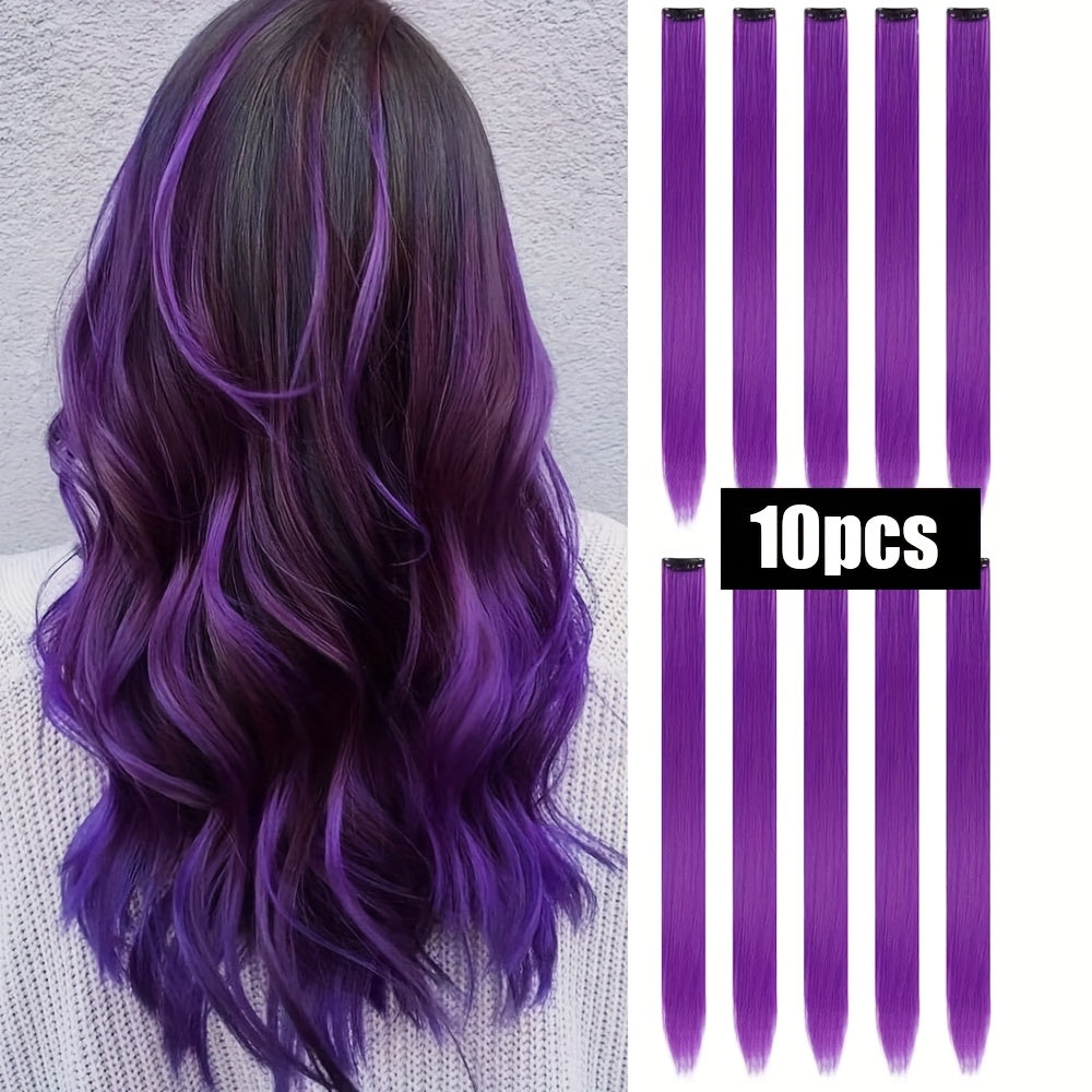 10pcs Glowing Clip-In Synthetic Hair Extensions 20-Inch Colorful Neon Glow-in-the-Dark Wigs, Easy-to-Wear Clip Design, Smooth Soft Texture, Women'S Daily Fashion Accessory for Halloween New Year Parties