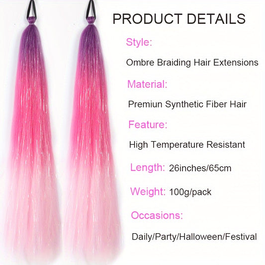 2-Pack 26-Inch Jumbo Braided Ponytail Hair Extensions - Soft Synthetic Straight Hair with Tinsel, Elastic Band, and Natural-Looking Roots for All Occasions, Easy to Wear and Style