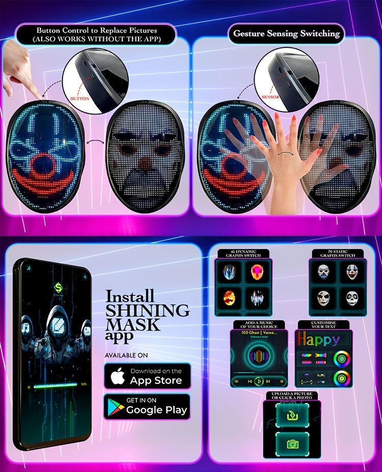 SLSHINING Programmable LED Mask with App Control - USB Rechargeable, Blue Light-Up Face Transforming Mask for Adults, Perfect for Halloween, Christmas & Mardi Gras, Festive Party Accessory, Halloween Costume, Sleek Design, Du