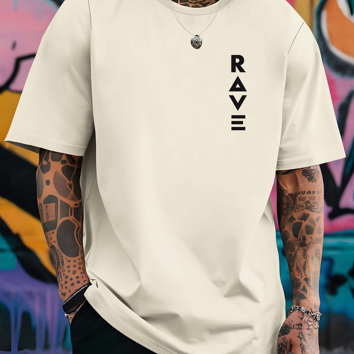 R V Men's Short Sleeve T-Shirt - Vibrant Yellow with Bold RAVE Graphic Print, Breathable Round Neck Casual Top for Summer Beach Resorts & Outdoor Activities