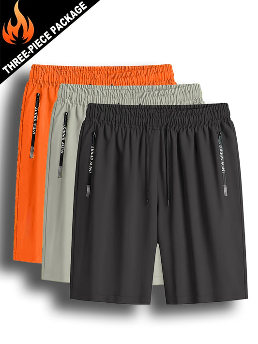 3pcs Men'S Lightweight Quick-Dry Running Shorts - Summer Casual Sport, Loose Fit, Zipper with White Accents, Elastic Waistband, Zipper Pockets, Polyester and Spandex Blend, Large Size