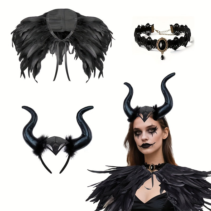 3pcs Devil Costume Accessory Set for Men and Women, Including Demon Horn Headband, Gothic Black Faux Feather Cape, and Gothic Lace Necklace; Perfect for Halloween, Role Play, Masquerade Parties, Demon Queen Makeup, and Wizard