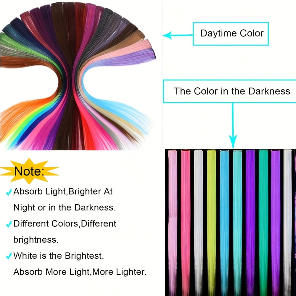 10pcs Glowing Clip-In Synthetic Hair Extensions 20-Inch Colorful Neon Glow-in-the-Dark Wigs, Easy-to-Wear Clip Design, Smooth Soft Texture, Women'S Daily Fashion Accessory for Halloween New Year Parties