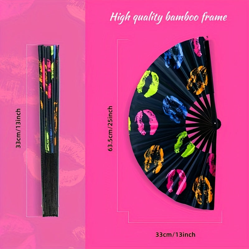 13 - Inch Reactive Bamboo Folding Fan with Vibrant Lip Print Design - Glow in The Dark Party Accessory for EDM, Dance Festivals, Club Events and Women'S Fashion, Nightlife Gear, Tropical Vibe Accessory