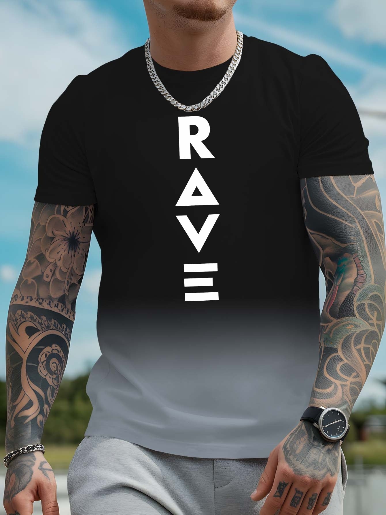 Men's Gradient Rave Graphic T-Shirt - Ice Silky Breathable, Quick-Dry, Round Neck, Short Sleeve, Casual Summer Tee in Vibrant Orange to Black Ombre Design