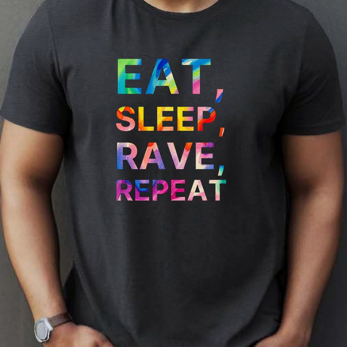 Eat Sleep Rave Repeat Letter Print Men's Summer Short Sleeve Crew Neck Tees, Breathable Polyester Fabric T-shirt, Casual Comfortable Versatile Top For Everyday Wear