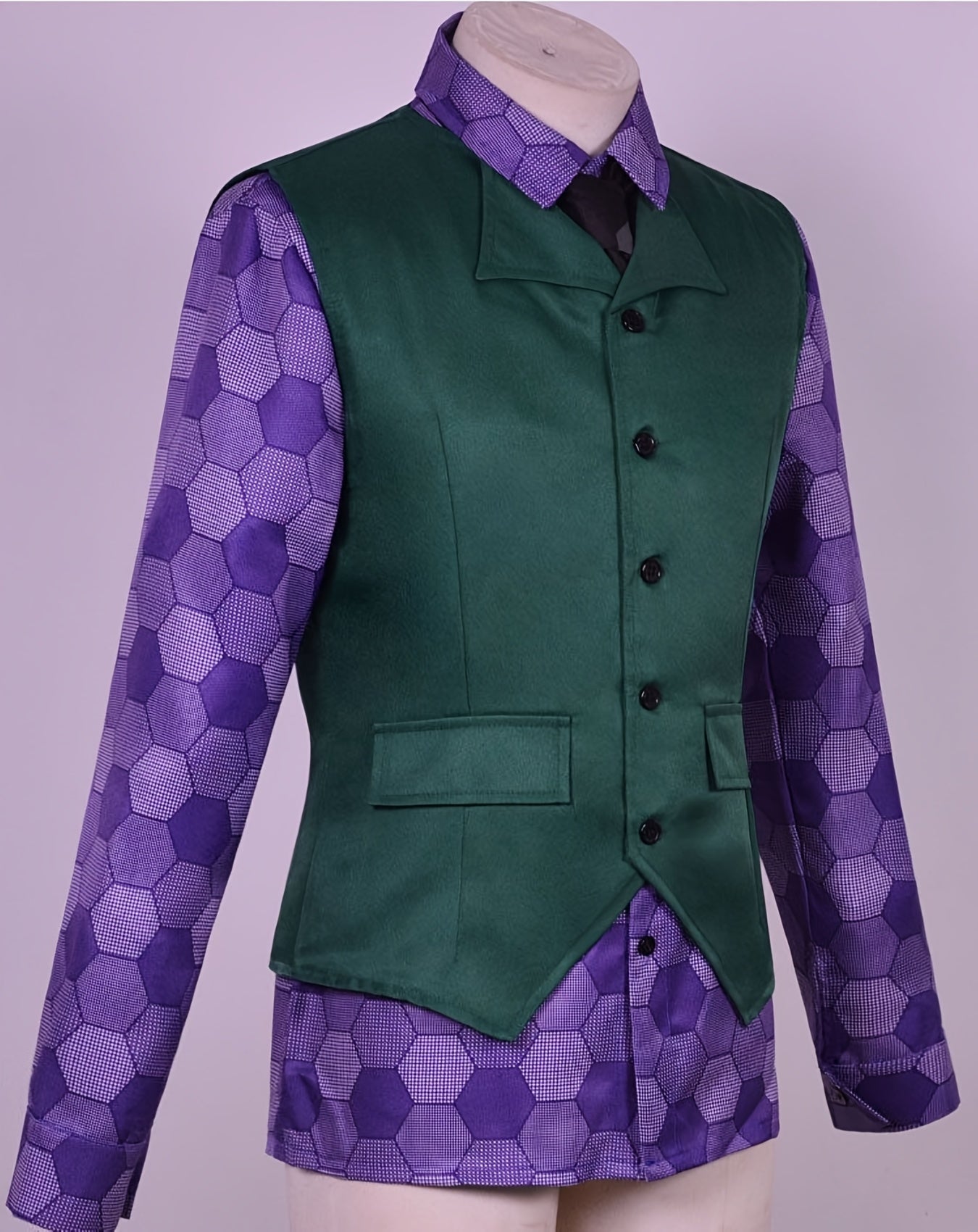 Halloween Men'S Fashion Purple Clown Six-Piece Set, Complete with Meticulously Crafted Scary Party Clown Outfit Including Long Coat, Shirt, Vest, Trousers, Tie, And Gloves.