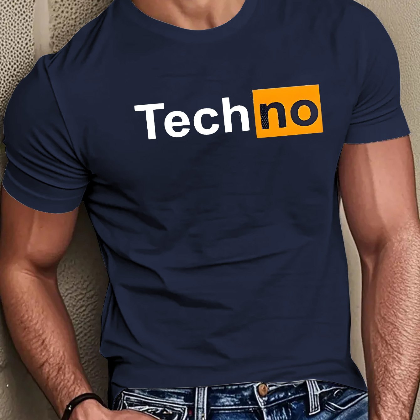 Men's Casual Summer T-Shirt - Soft Breathable Fabric with Bold "Techno" Letter Print & Orange Accent, Ribbed Collar, Regular Fit for Casual Attire, Summer T Shirts, Classic Round Neckline, Comfortable Tee Construction