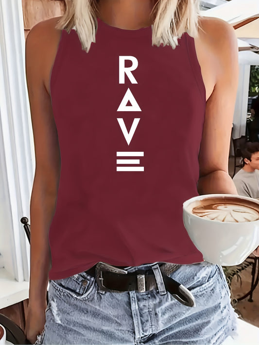 Women'S Casual RAVE Graphic Tank Top - Sleeveless, Round Neck, Light Brown with White Lettering, All-Season Fashion, Casual Attire|Bold Lettering Top|Durable Fabric