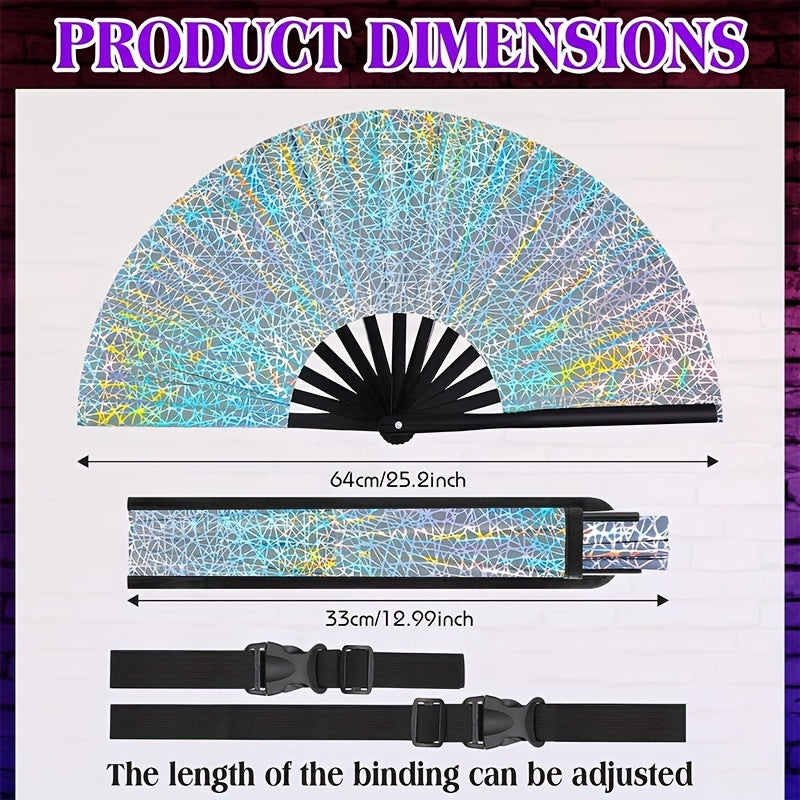 Large Glitter Rave Folding Clack Hand Fan with Holster - Vibrant Mosaic Pattern, Durable Bamboo for Festivals, Halloween, EDM Parties, Burlesque & Drag Queen Performances - Unisex Accessory, Halloween Accessory | Contemporary