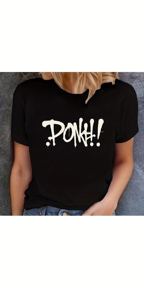 Women's Casual Graphic Print T-Shirt - Short Sleeve Crew Neck, Black with Bold "DONK!" Design, Lightweight & Comfortable for Spring & Summer, Everyday Comfort | Relaxed Fit Tee | Durable Fabric