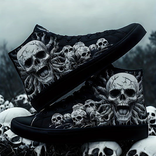 Men'S Plus Size Gothic Punk High-Top Sneakers with Skull Print, Black Casual Shoes for Streetwear & Everyday Comfort, Lace-Up Round Toe Design, Rubber Sole, Fabric Upper, Perfect for Parties, Concerts & Daily Wear, Everyday C