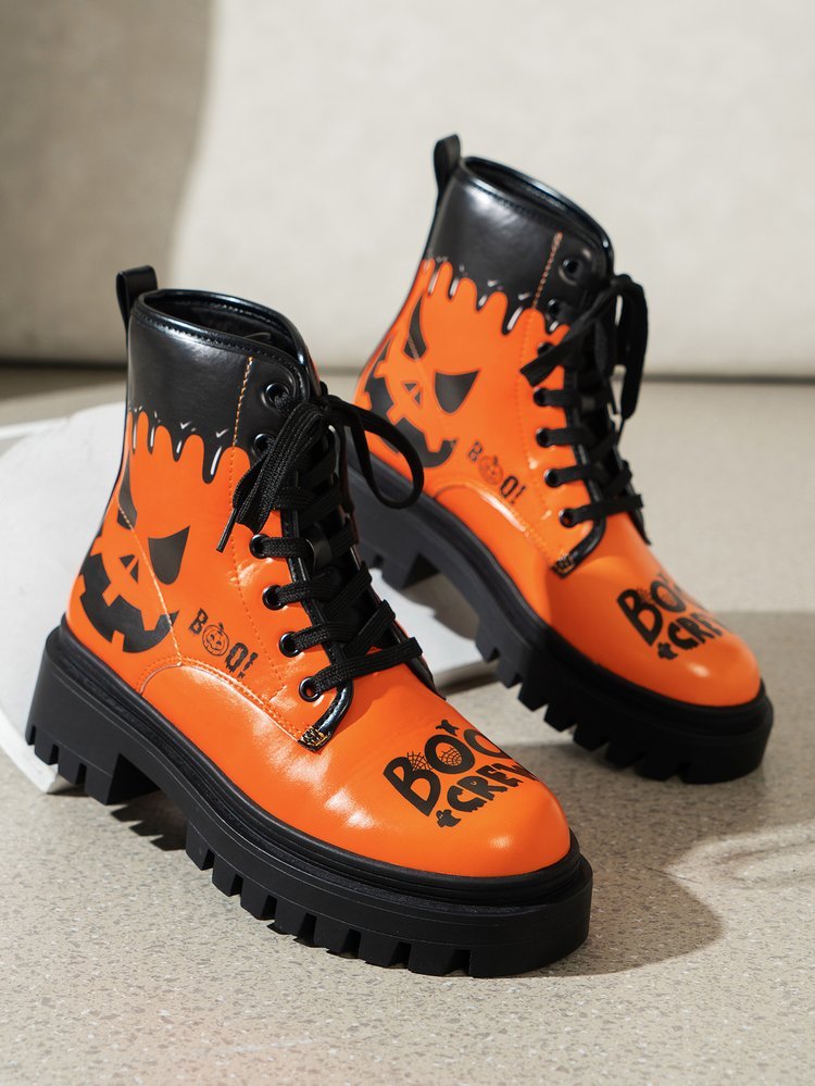 Trendy Plus Size Women's Halloween Print Lace-Up Boots - Thick Low Heel Round Toe PU Cover Short Boots with Rubber Sole, All-Season Comfort for Casual & Festive Occasions