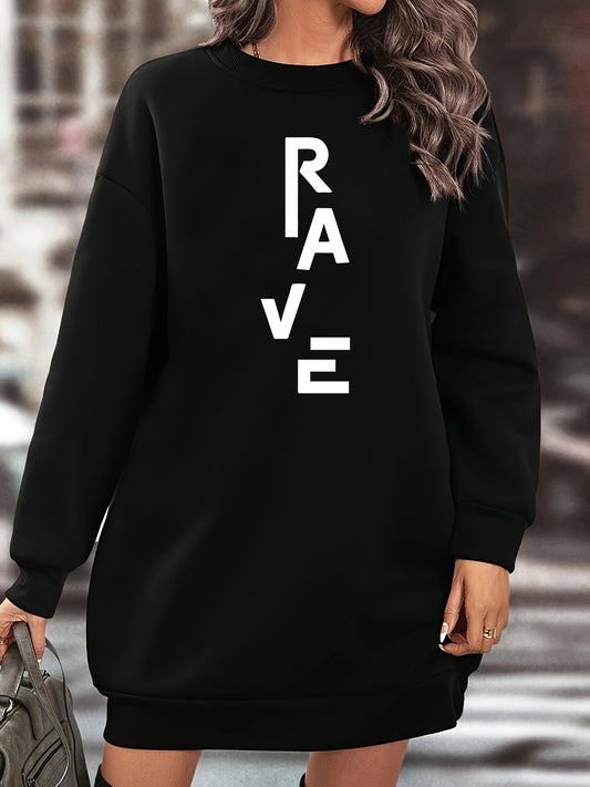 Women's Black Sweaterdress - RAVE Letter Print Lounge & Party Outfit, Long Sleeve Loose Fit Dress, Machine Washable Fall/Winter Casual to Evening Attire, Cozy Clothing, Sporty Look, Soft Texture, Fall Fashion, Relaxed Style,