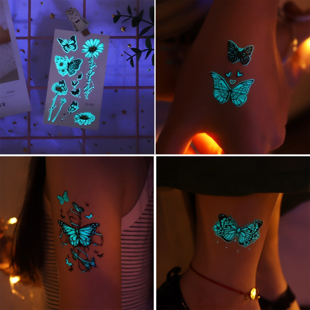 12 Sheets Luminous Glow in the Dark Temporary Tattoos - Waterproof Fake Tattoo Stickers with Butterfly & Floral Designs, Neon Blue Glow for Nightclub, Festival, Party Decoration, Festival Body Art | Mystical Design Elements |